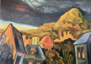 Herbstabend I über Reutlingen, 1960, Öl auf Hartfaser, 50 x 65 cm.