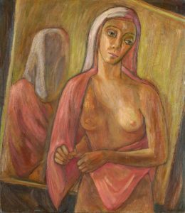 Halbakt mit rosa Handtuch, 1962, Öl auf Hartfaser, 69 x 60 cm