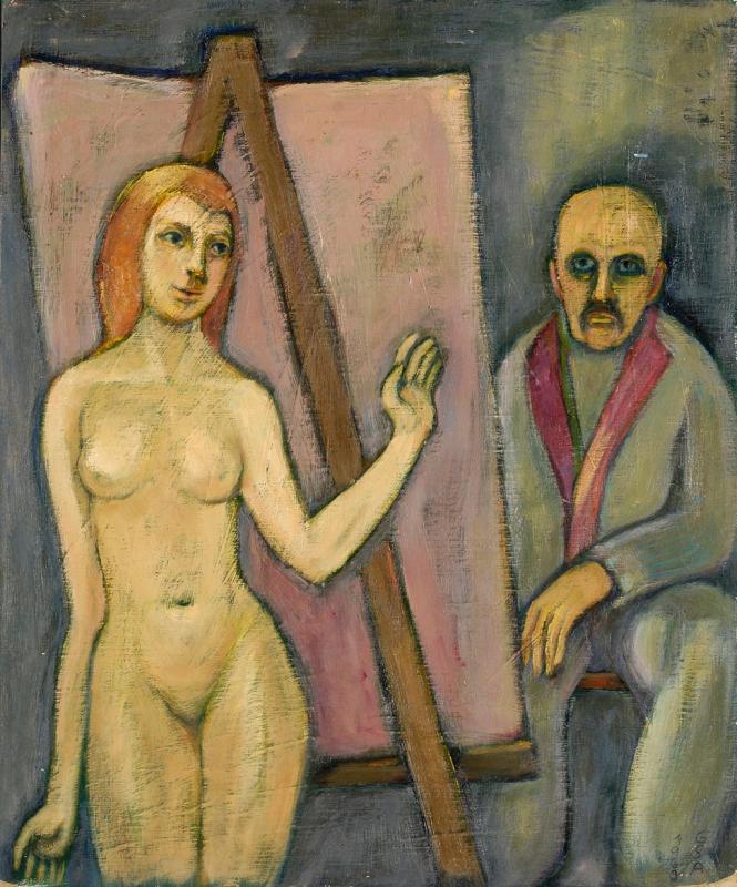 Maler und Modell, 1963, Öl auf Malkarton, 60 x 50 cm.