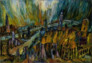 Angriff auf Dresden, 1966, Öl auf Hartfaser, 86 x 59 cm.
