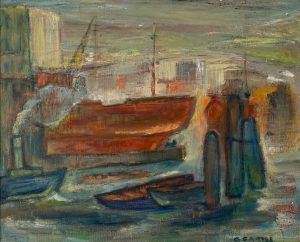 Im Hafen, 1968, Öl auf Hartfaser, 40 x 49 cm.