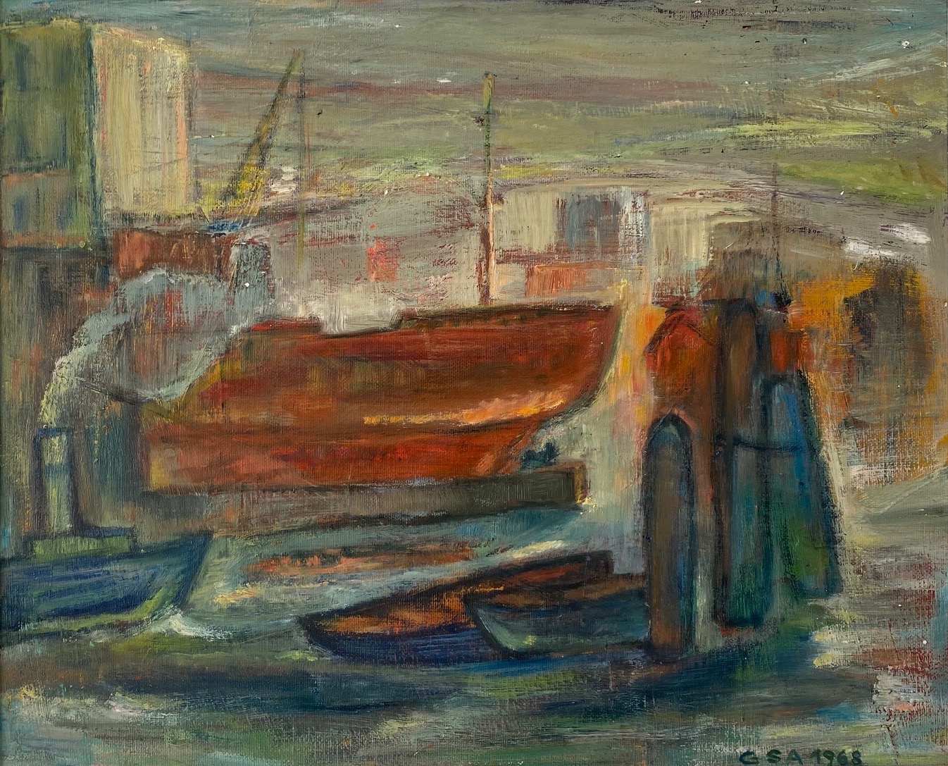 Im Hafen, 1968, Öl auf Hartfaser, 40 x 49 cm.