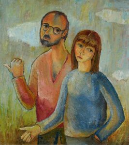 Anhalter, 1969, Öl auf Hartfaserplatte, 89,5 x 79,5 cm.