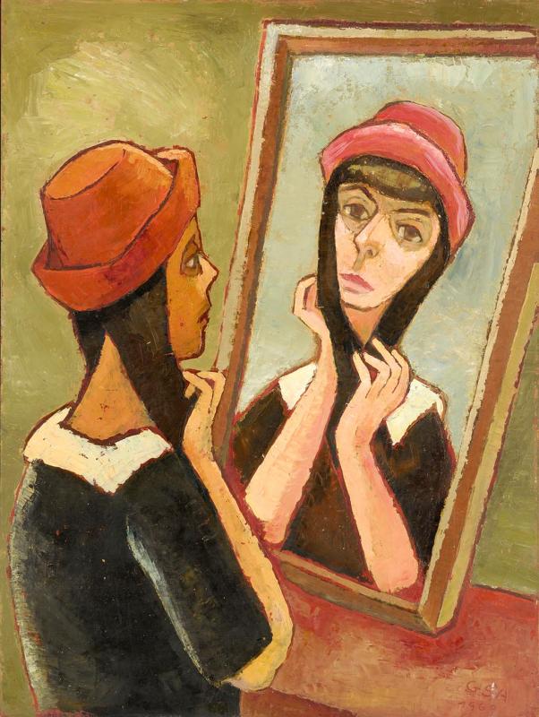 Hutprobe, 1969, Öl auf Hartfaserplatte, 79 x 59 cm.