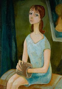 Mädchen mit Muff, 1969, Öl auf Hartfaserplatte, 109,5 x 79,5 cm.