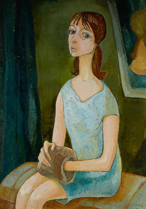 Mädchen mit Muff, 1969, Öl auf Hartfaserplatte, 109,5 x 79,5 cm.
