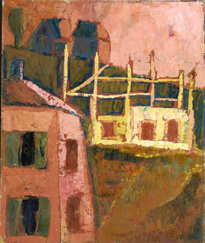 Neubau, 1969, Öl auf Hartfaserplatte, 60 x 50 cm.