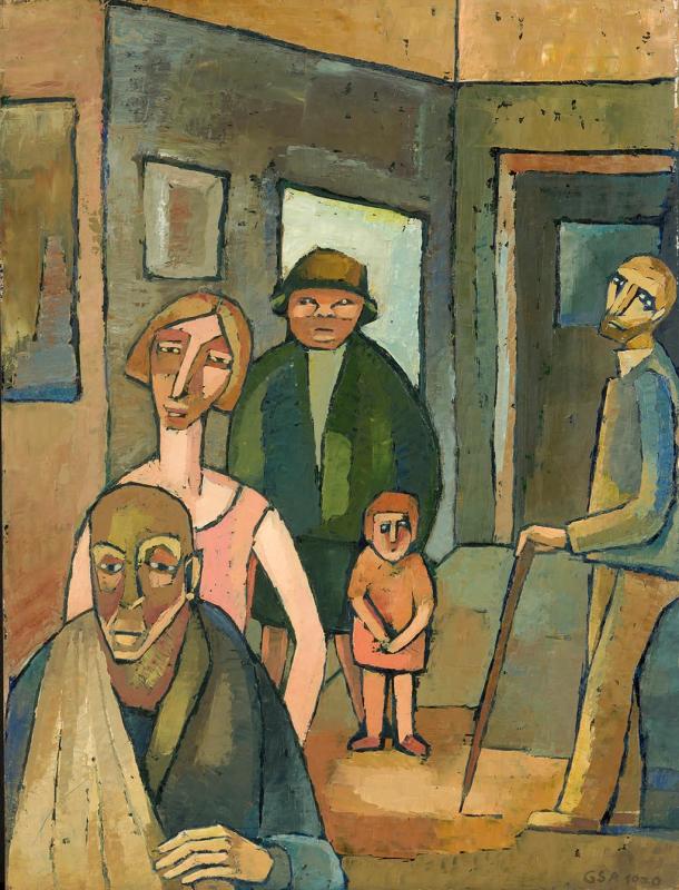 Am Schalter, 1970, Öl auf Hartfaserplatte, 78,5 x 59,5 cm.