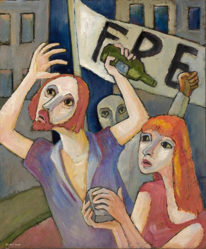 Aufruhr, 1970/82, Öl auf Hartfaserplatte, 89 x 74 cm.