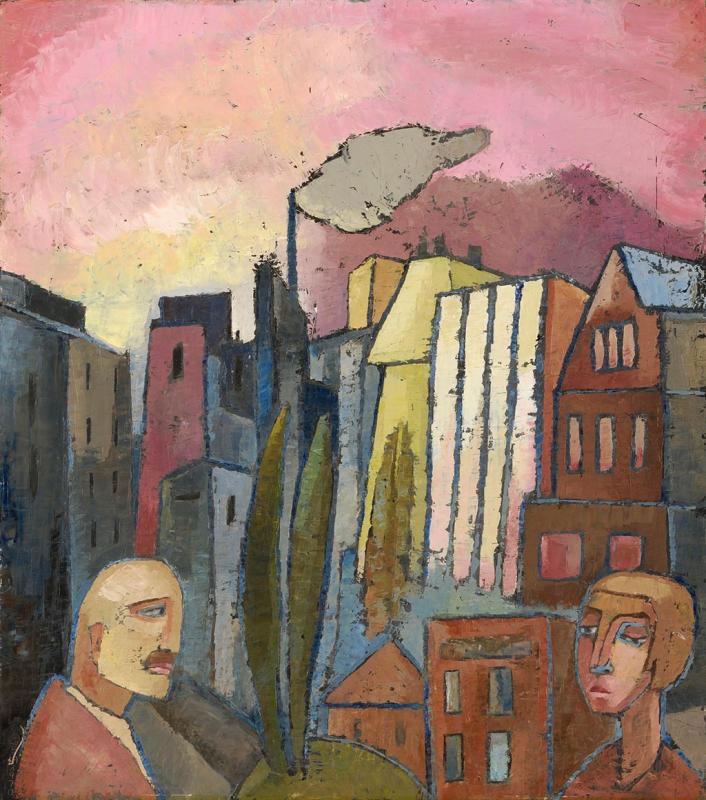 Großstadt, 1970, Öl auf Hartfaserplatte, 89,7 x 79,5 cm.