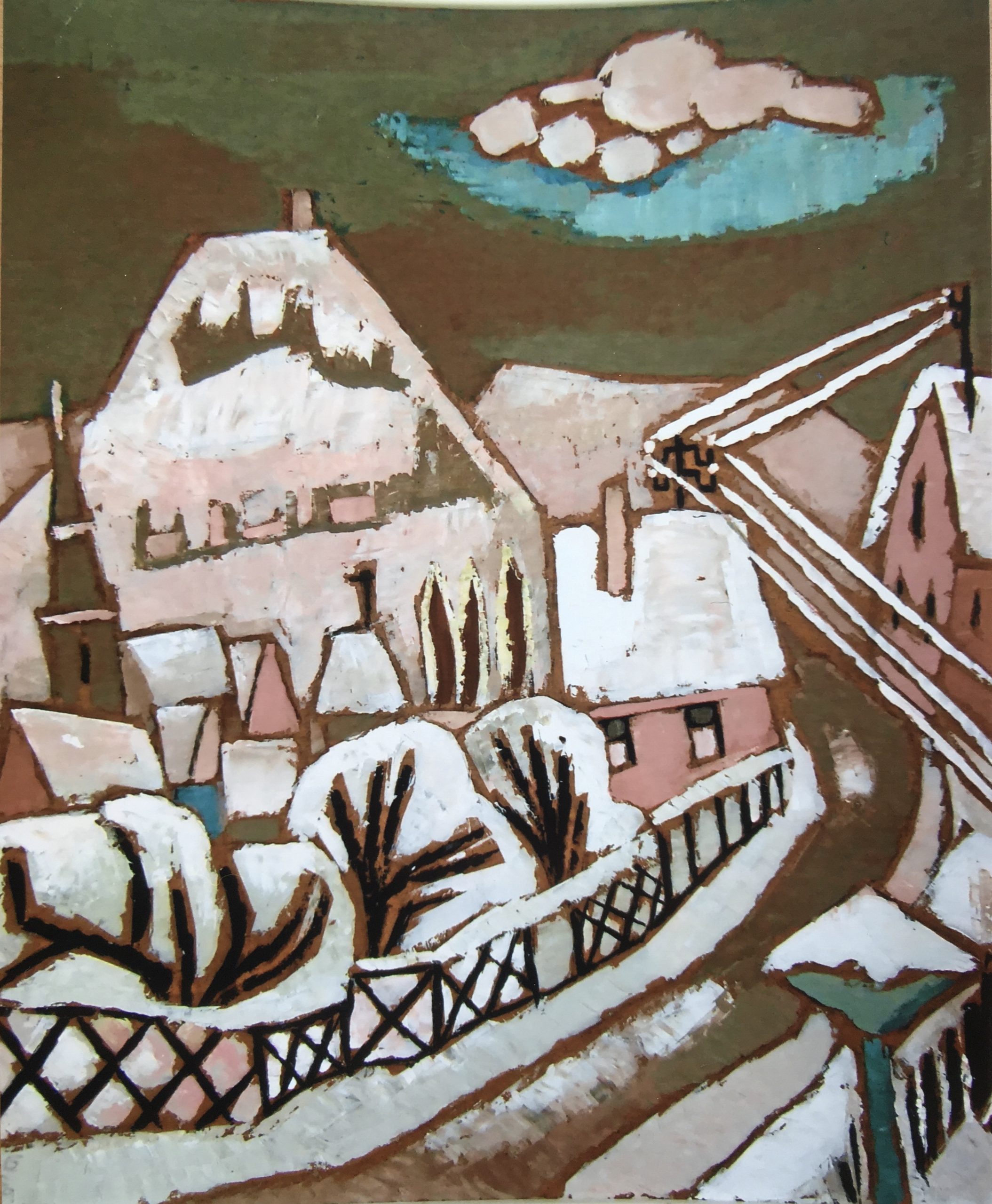 Kleine Stadt im Schnee, 1970, Öl auf Hartfaserplatte, 70 x 60 cm.