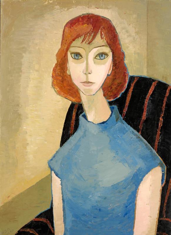 Mädchen im Sessel (Silke), 1970, Öl auf Hartfaserplatte, 75 x 54,5 cm.