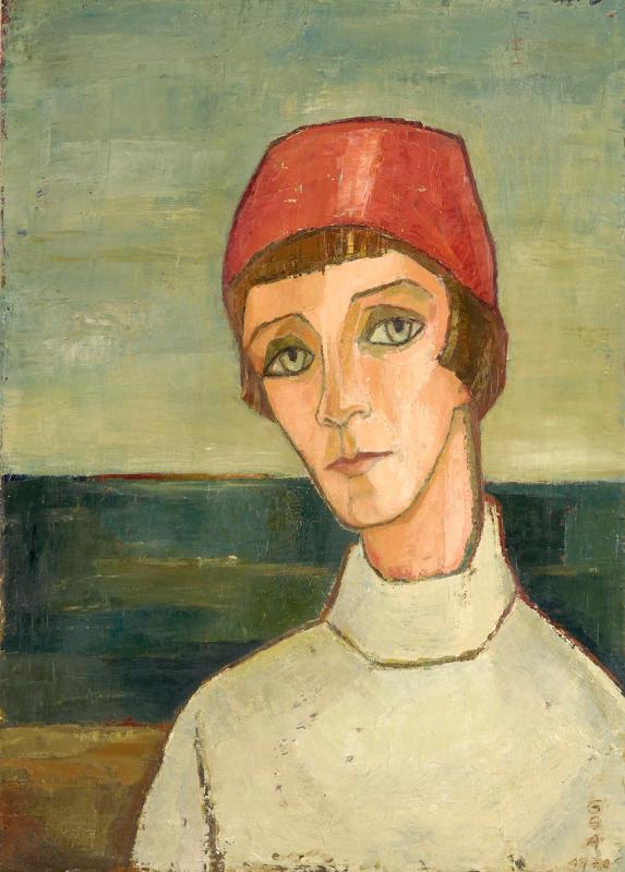 Mit rotem Kopftuch, 1970, Öl auf Hartfaserplatte, 70 x 50 cm.