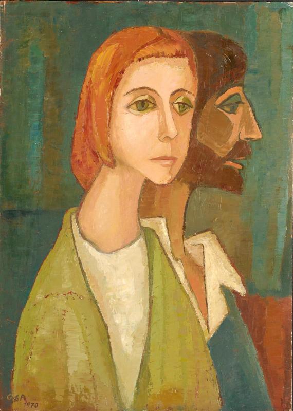 Studentenpaar, 1970, Öl auf Hartfaserplatte, 69,5 x 50 cm.