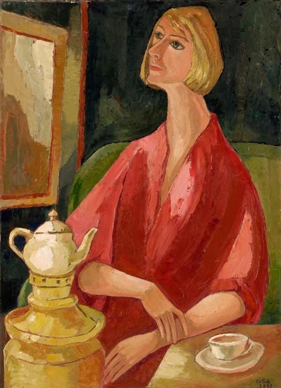 Am Samowar (Sieglinde Mesirca-Müller), 1971, Öl auf Hartfaserplatte, 110 x 80,5 cm.