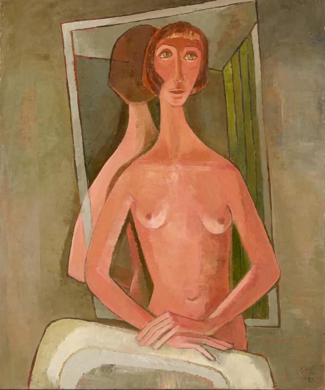 Halbakt am Becken, 1971, Öl auf Hartfaserplatte, 88,8 x 73,8 cm.