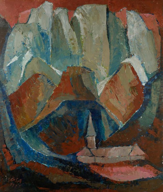 Schloss Elmau, 1971, Öl auf Hartfaserplatte, 89 x 73,8 cm.