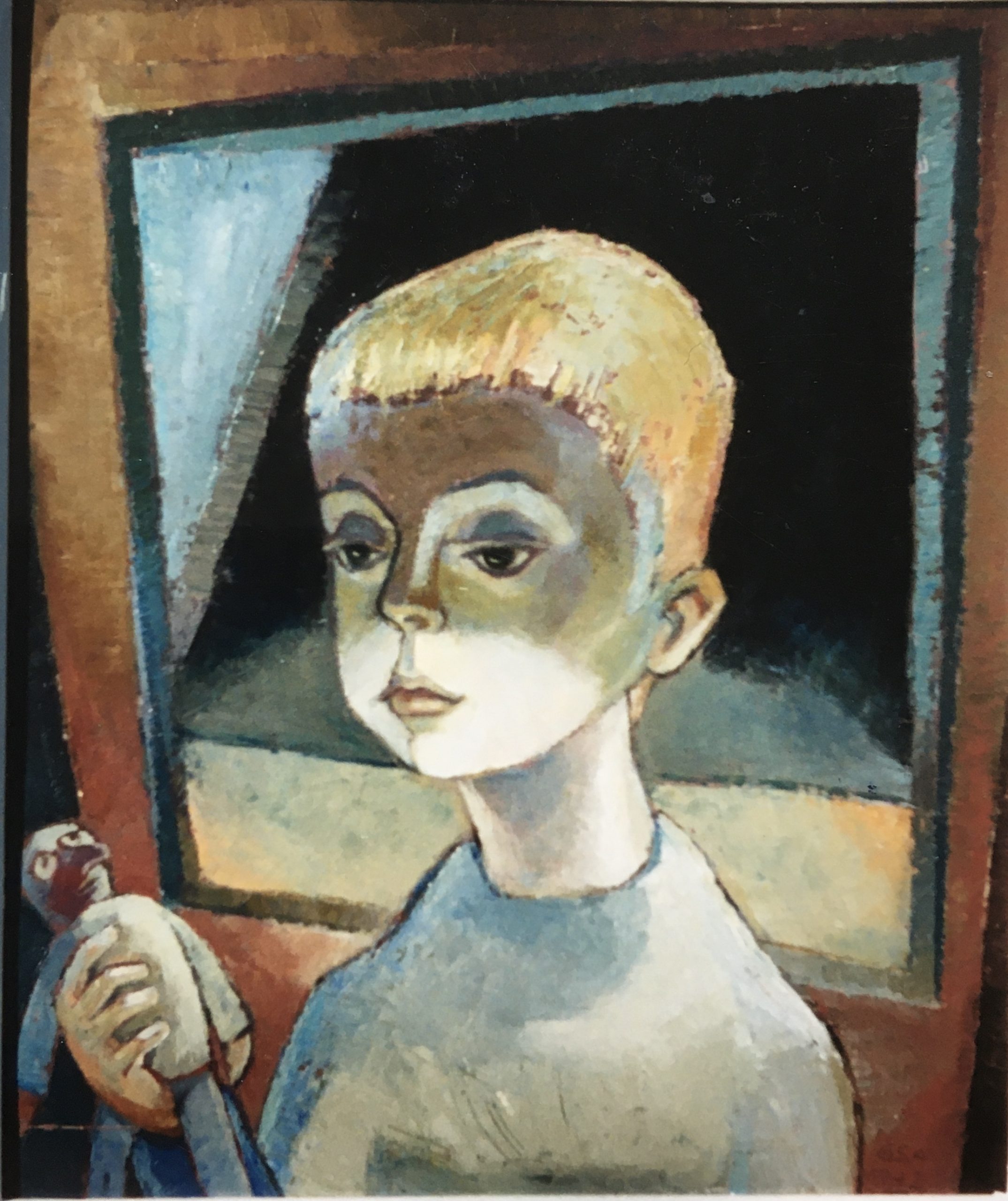 Kind mit Kasperpuppe, 1972, Öl auf Hartfaserplatte, 59,8 x 49,8 cm.