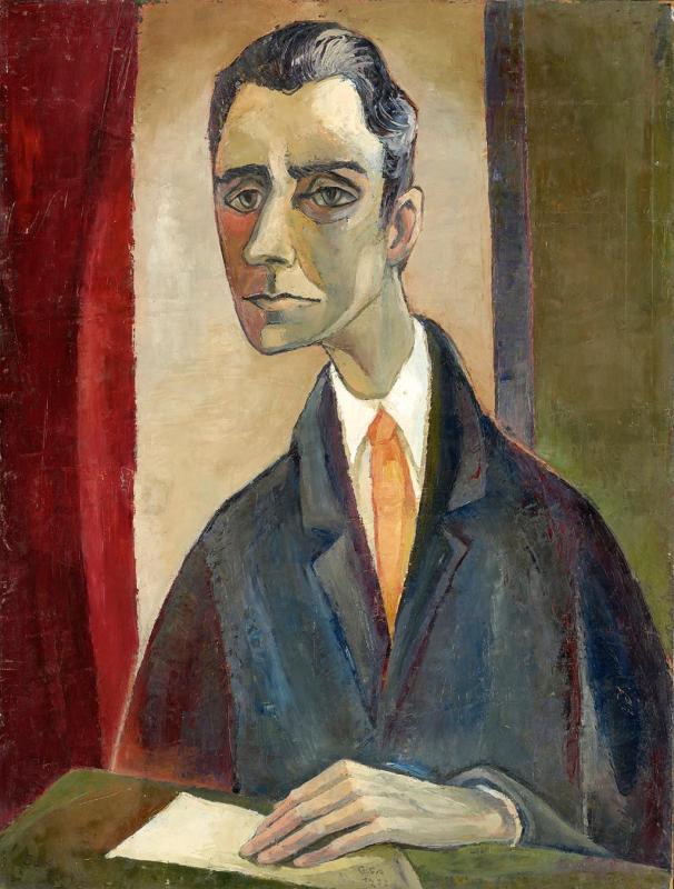 Männerbildnis mit Brief, 1972, Öl auf Hartfaserplatte, 79 x 60 cm.