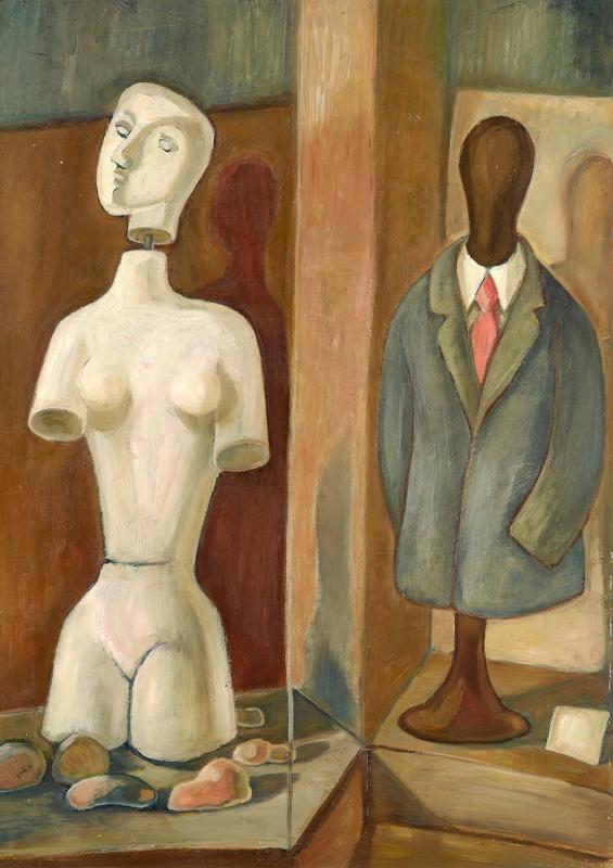 Kleiderpuppen im Schaufenster, 1973, Öl auf Hartfaserplatte, 89,5 x 64 cm.