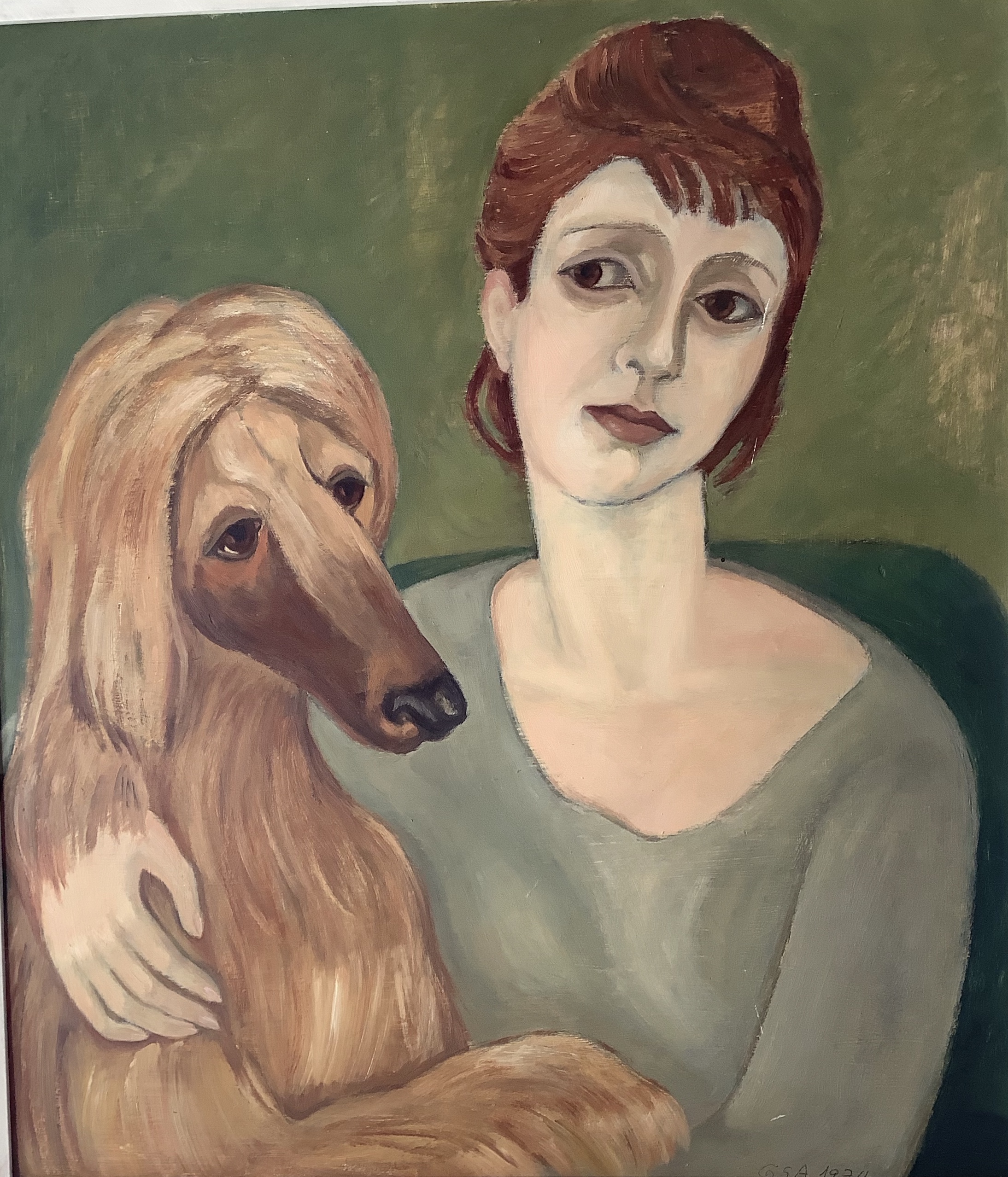 Dame mit Hund, 1974, Öl auf Hartfaserplatte, 70 x 61 cm.