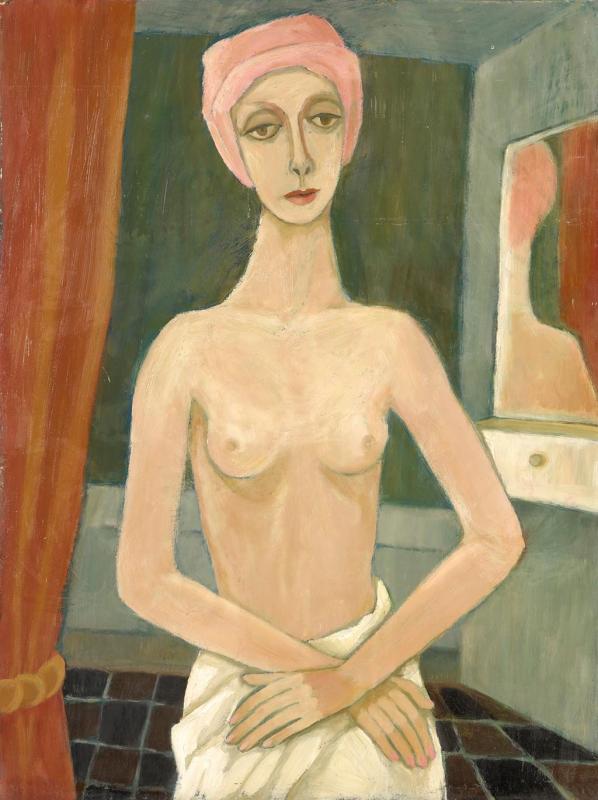 Halbakt mit Spiegel, 1974, Öl auf Hartfaserplatte, 79 x 59,7 cm.