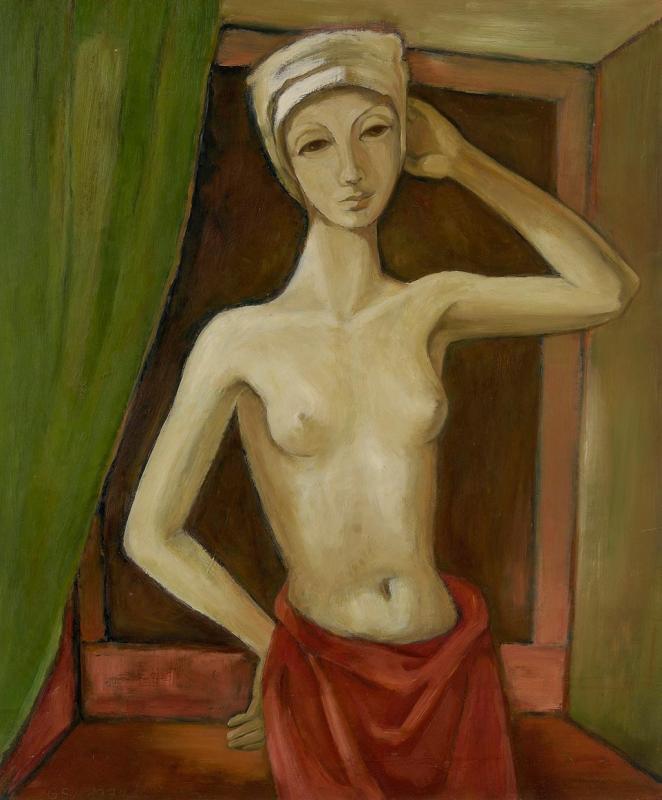 Halbakt mit rotem Tuch, 1974, Öl auf Hartfaserplatte, 79,4 x 65,5 cm.