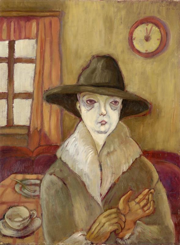 Im Café, 1974, Öl auf Hartfaserplatte, 79,5 x 59,5 cm.