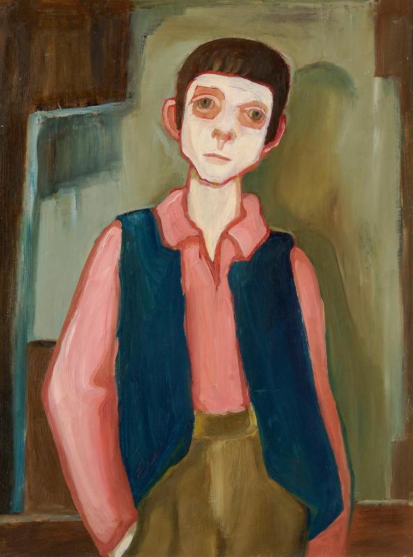 Junge mit rosa Hemd, 1974, Öl auf Hartfaserplatte, 78 x 58 cm.