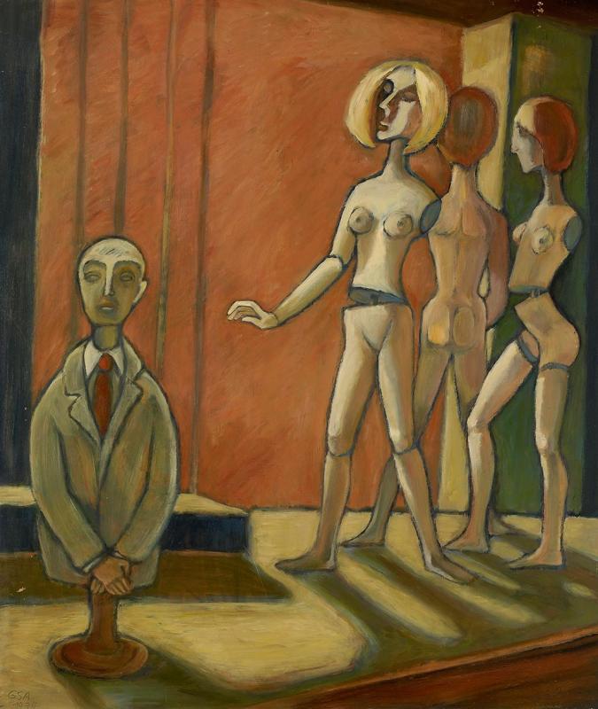 Paris-Urteil im Schaufenster, 1974, Öl auf Hartfaserplatte, 95 x 80 cm.