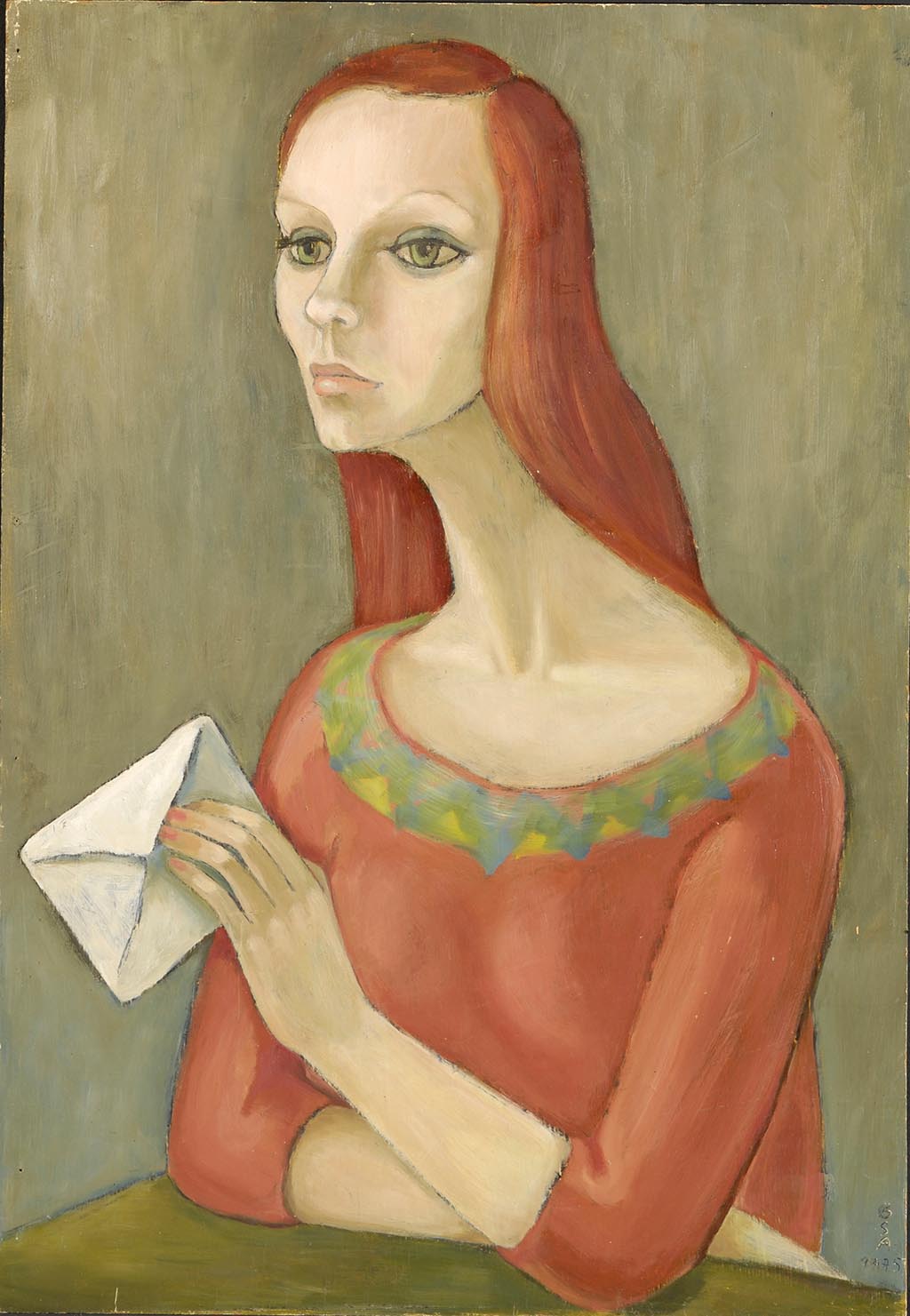 Mädchen mit Brief (Heidi Russell), 1975, Öl auf Hartfaserplatte, 74,5 x 51,5 cm.