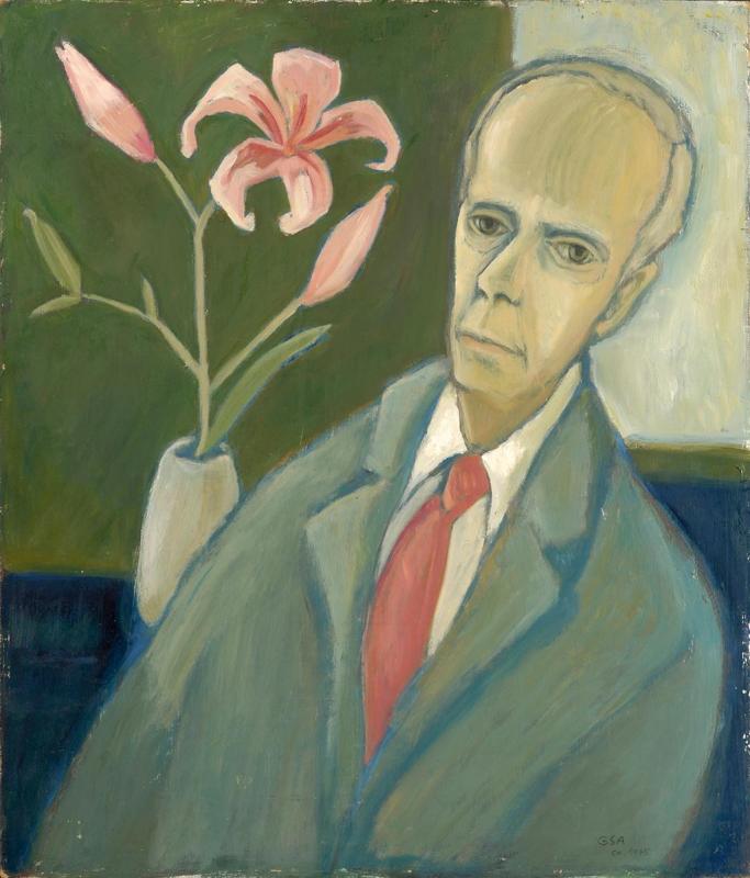 Männerbildnis mit Lilie, 1975, Öl auf Hartfaserplatte, 69,5 x 59,5 cm.