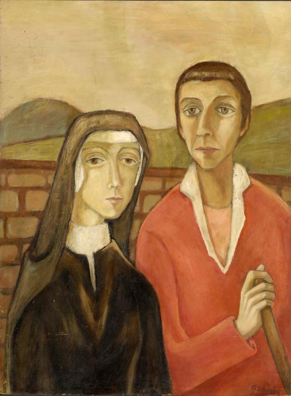 Nonne und Gärtner, 1975, Öl auf Hartfaserplatte, 82 x 61,5 cm.