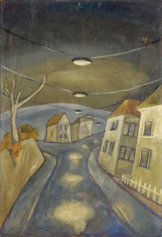 Strasse am Abend, 1976, Öl auf Hartfaserplatte, 80 x 55 cm.