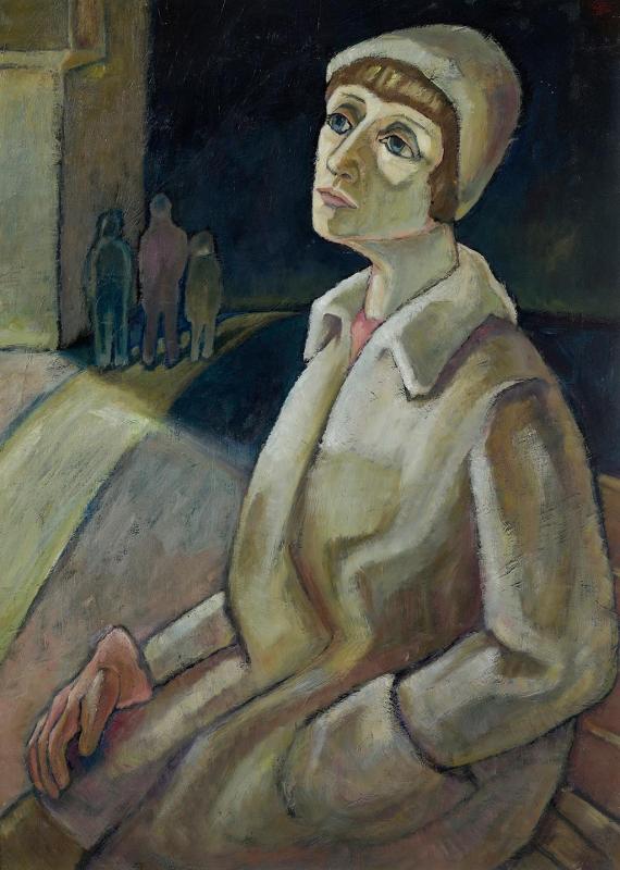 Wartende, 1976, Öl auf Hartfaserplatte, 90 x 65 cm.