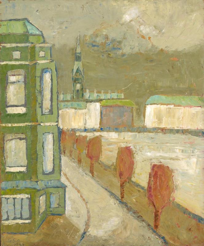 Blick auf die Binnenalster, 1977, Öl auf Hartfaserplatte, 59,5 x 49,5 cm.