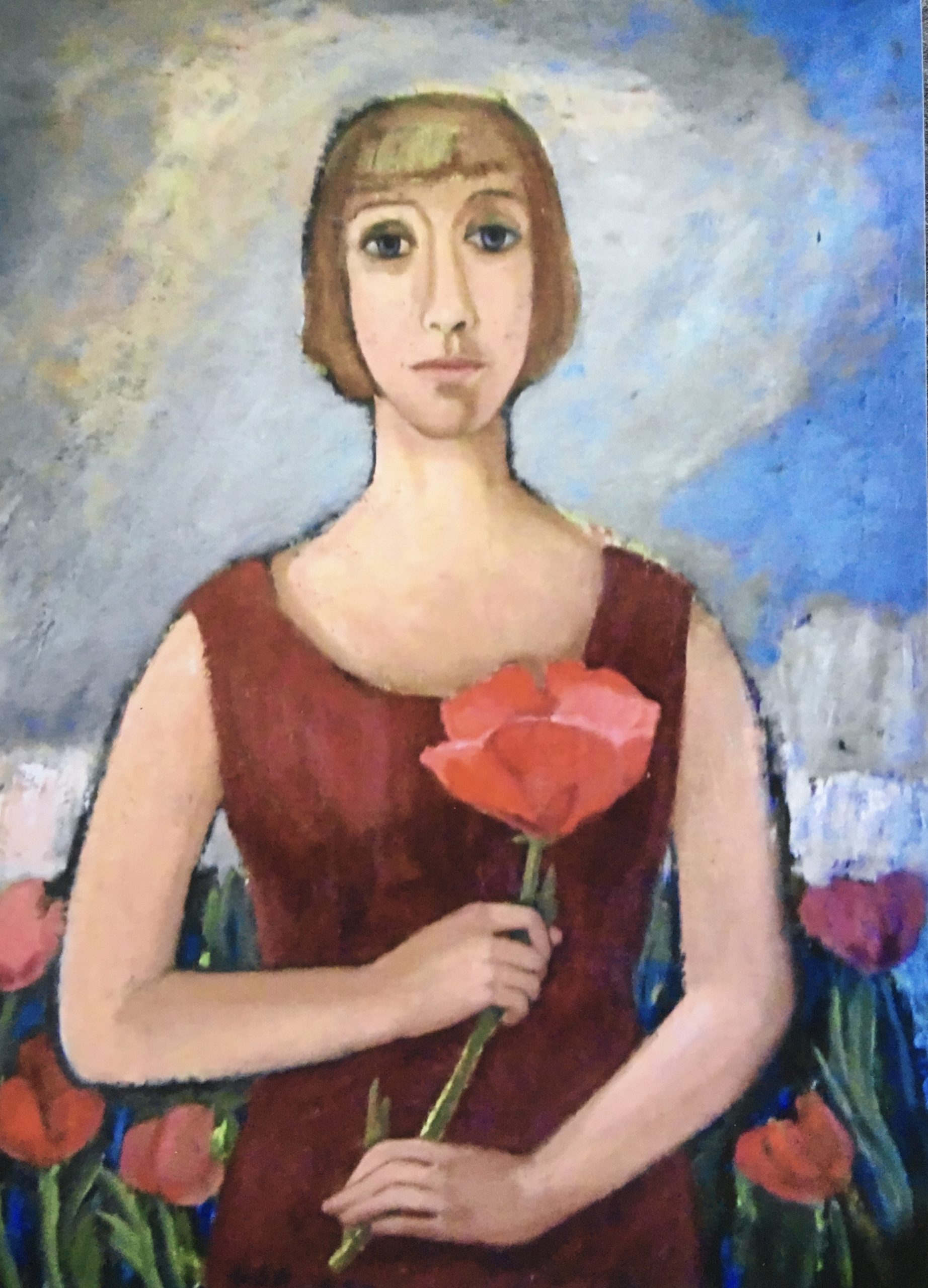 Frau mit Mohnblüte, 1977, Öl auf Hartfaserplatte, 79,5 x 59,5 cm.