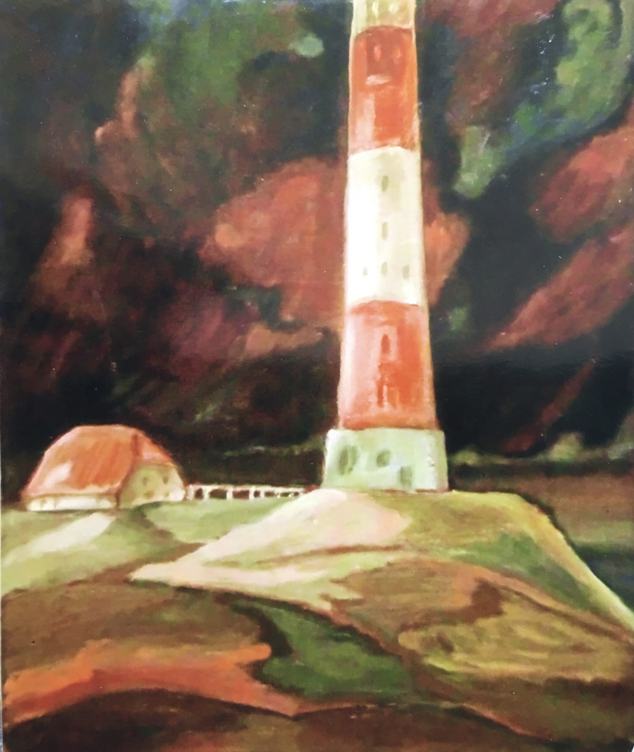 Leuchtturm von Hörnum, 1977, Öl auf Hartfaserplatte.
