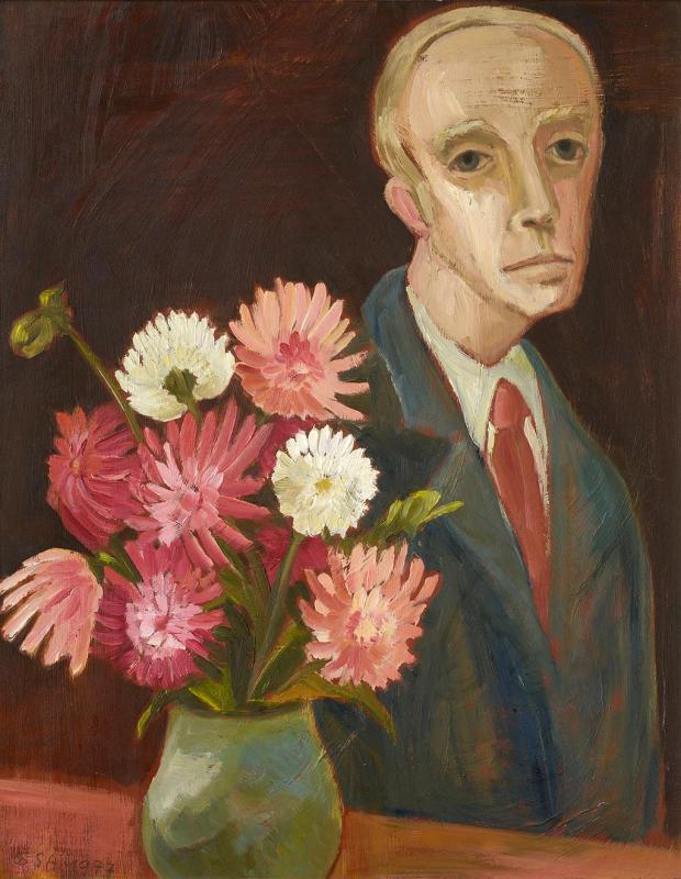 Mit Herbstblumen (Eugen Schaal), 1977, Öl auf Hartfaserplatte, 62,7 x 49,7 cm.
