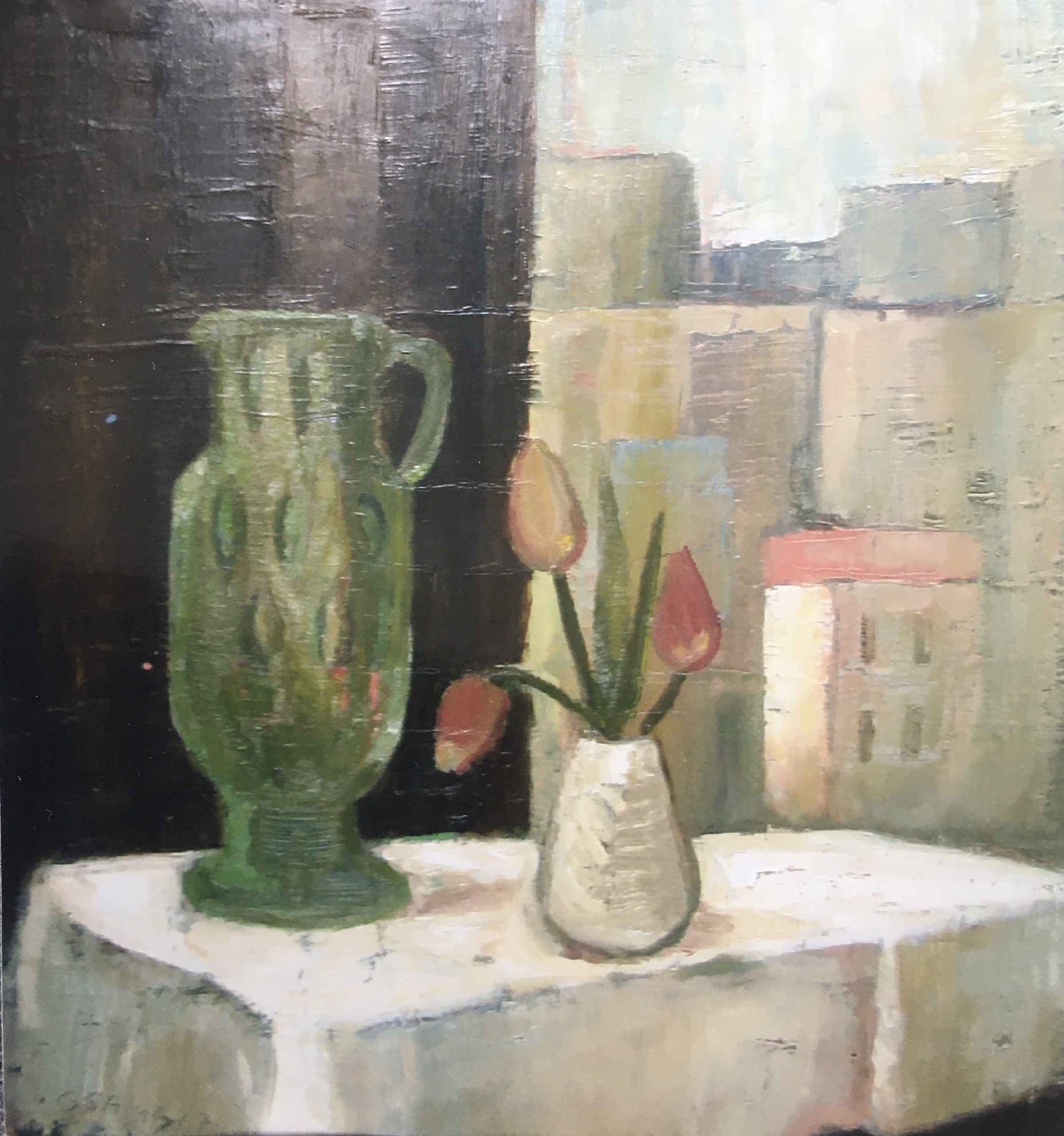 Mit grünem Krug, 1977, Öl auf Hartfaserplatte, 45 x 39,8 cm.