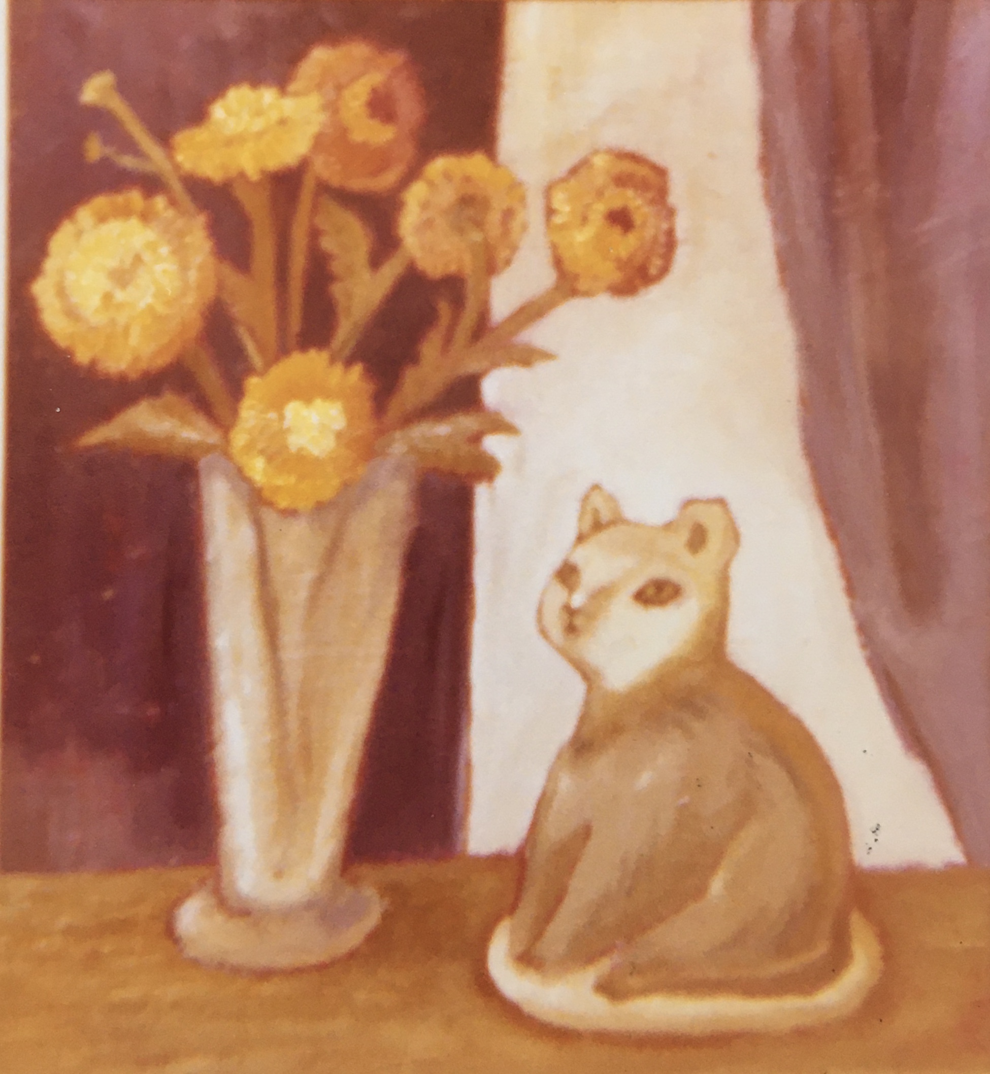 Stilleben mit China Katze, 1977, Öl auf Hartfaserplatte, 50 x 44,5 cm.