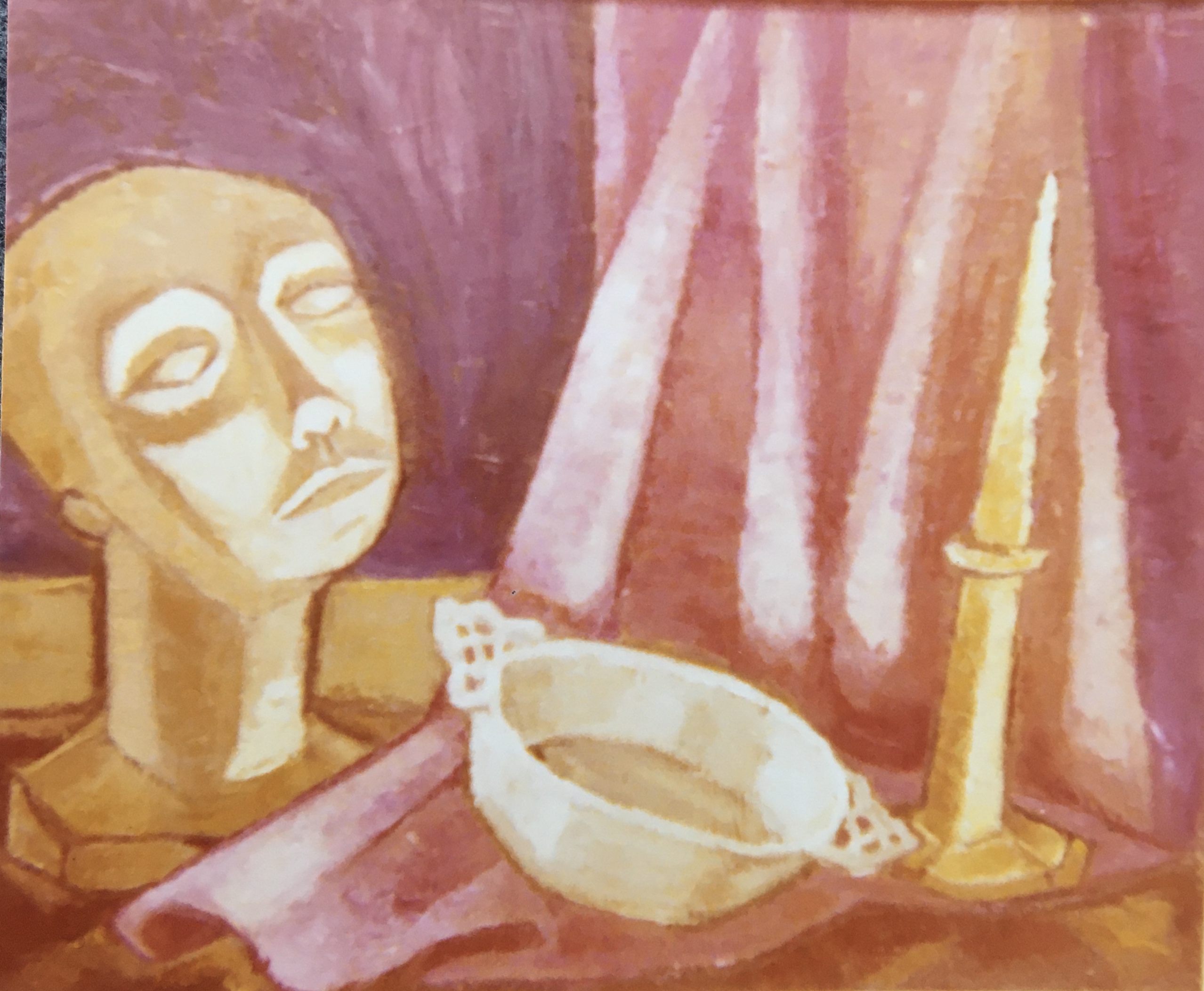 Stilleben mit Gipskopf, 1977, Öl auf Hartfaserplatte, 50 x 60 cm.