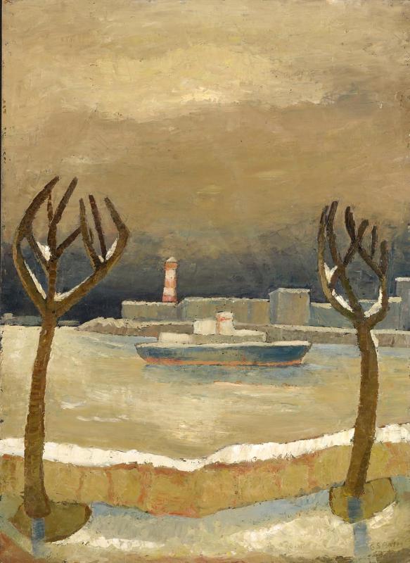 Wintertag an der Elbe, 1977, Öl auf Hartfaserplatte, 76 x 55,3 cm.