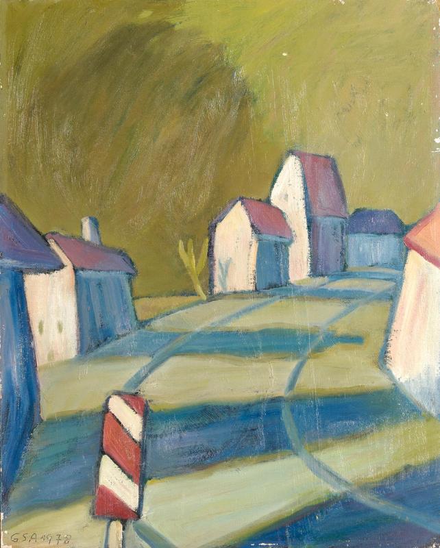 Dorfstrasse, 1978, Öl auf Malkarton, 49,5 x 40 cm.