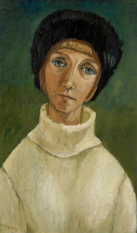 Selbst mit schwarzer Pelzmütze, 1978, Öl auf Hartfaserplatte, 70 x 42,5 cm.