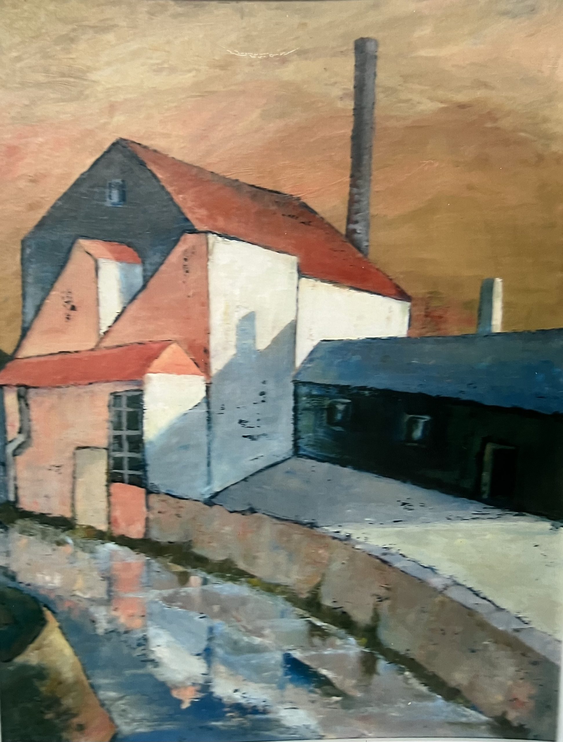 Fabrik am Fluss, 1979/90, Öl auf Hartfaserplatte, 80 x 60 cm.
