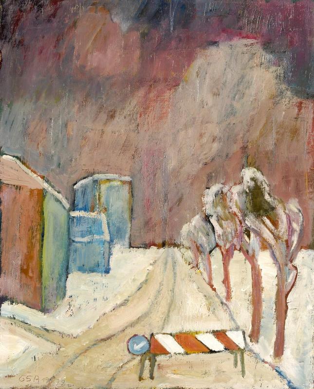 Gesperrte Fahrbahn, 1979, Öl auf Hartfaserplatte, 50 x 40 cm.