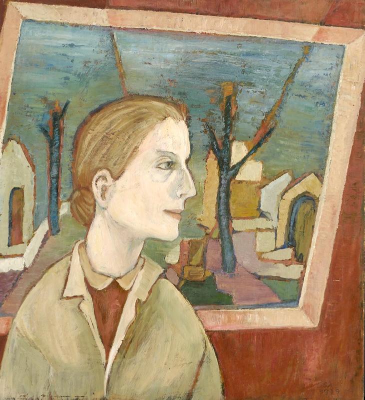 In einer Ausstellung (Bildnis B. W.), 1979, Öl auf Hartfaserplatte, 69 x 63 cm.