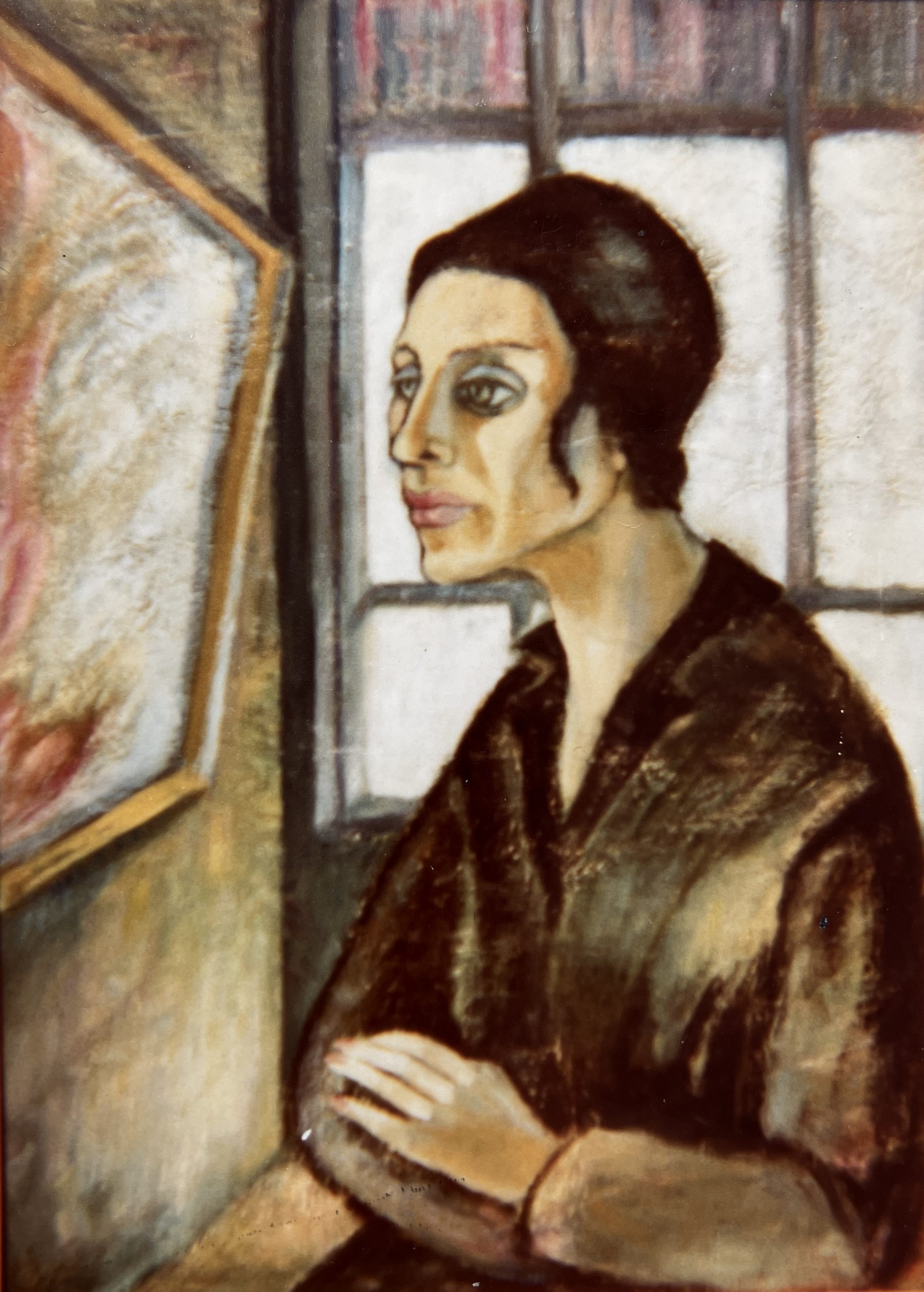 F. P. (Künstlerin bei einer Eröffnung beobachtet), 1980, Öl auf Hartfaserplatte.