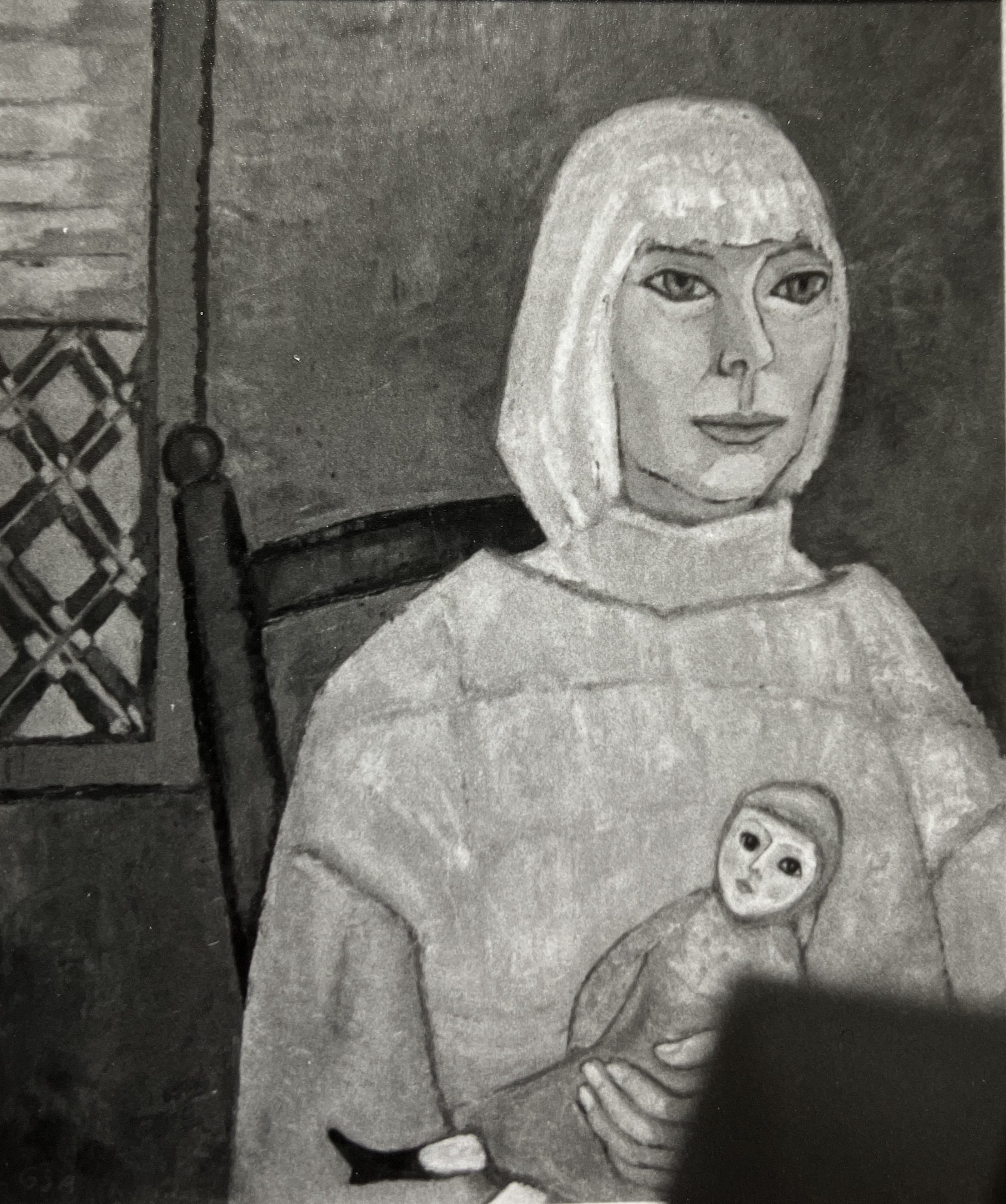 Frau mit Puppe, 1980, Öl auf Hartfaserplatte, 70 x 60 cm.